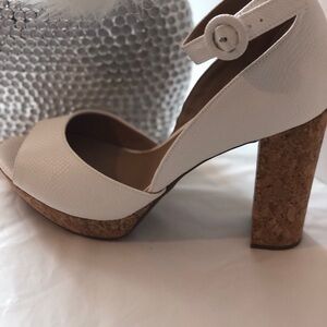 Sun + Stone White and Tan Block Heel Sandals  m